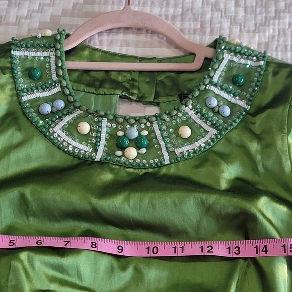 BCBG Max Azria jewel neck silk party cocktail green mini dress NYE 10 Medium - Picture 5 of 16